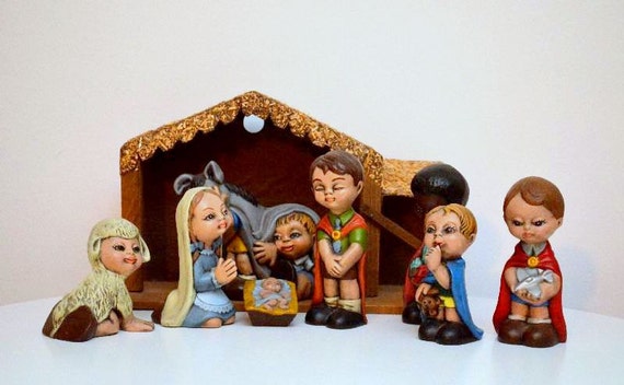 banner wooden christmas Set Inc. Gare Vintage Ceramic Wooden Christmas Nativity Manger