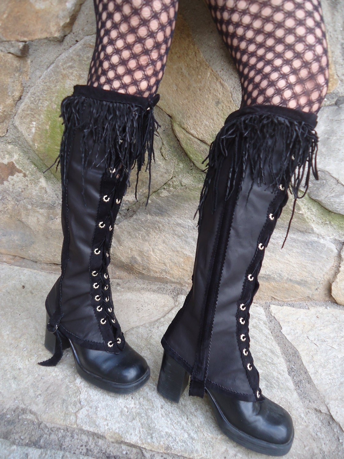 Black leather high-top lace-up boot spats Steampunk Goth Punk