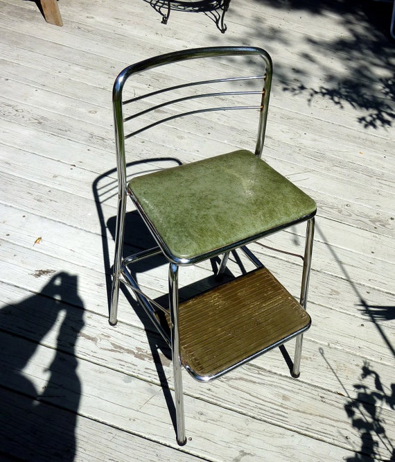 50s Cosco kitchen chair step stool gray green seat by gillardgurl