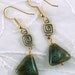 Brown and Green Speckled Ceramic Bead Earrings - Triangle Shaped Beads with Gold Swirl - Geometric Jewelry - Spring - Gifts Under 10
