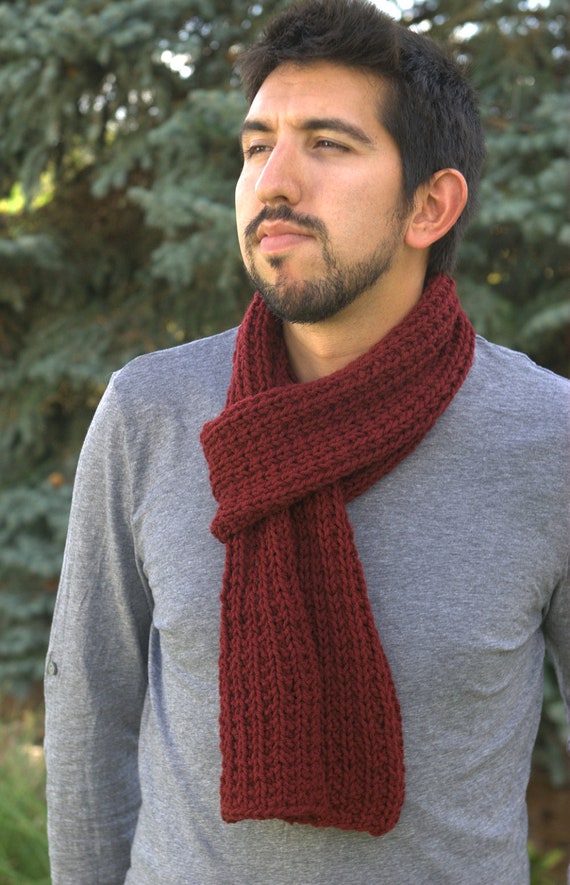 Maroon Mens Scarf Dark Red Guy Man Scarf Broken Rib Hand Knit