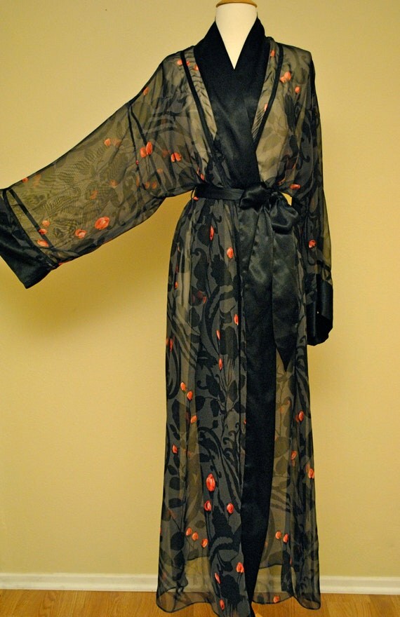 Black Sheer Robe with Red Roses and Black Satin by TaraMiSioux