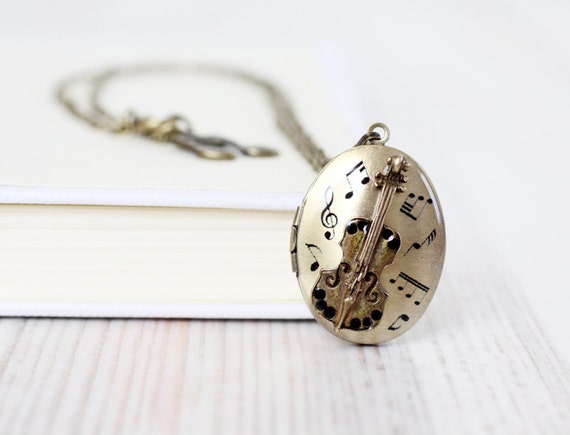 Violin Oval locket necklace - Antique Bronze Photo Art Locket - Sheet music jewelry