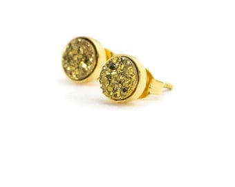 Drusy Quartz Stud Earrings - 24k Gold Vermeil - 6mm Round - Gold Drusy Quartz