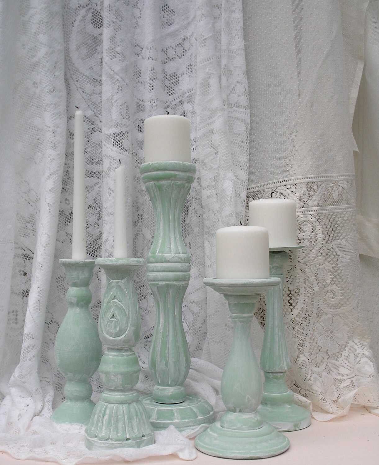 Candle Holder Set of 5 White Washed Cottage Green Shabby Chic