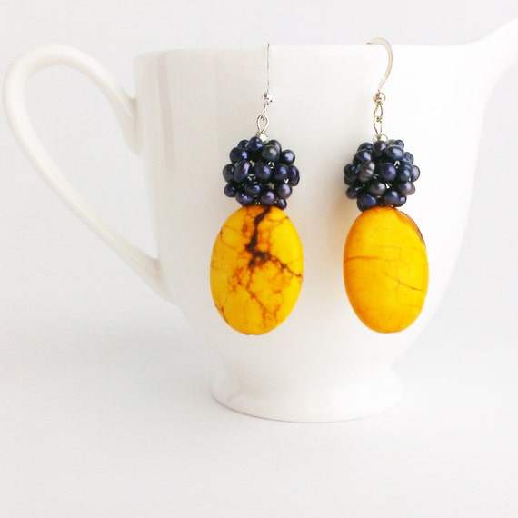 Mustard Yellow Earrings. Navy Blue Earrings. Blue and Yellow