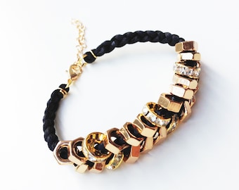 on sale! Arm candy - Gold nut beads and Black cord - woven bracelet