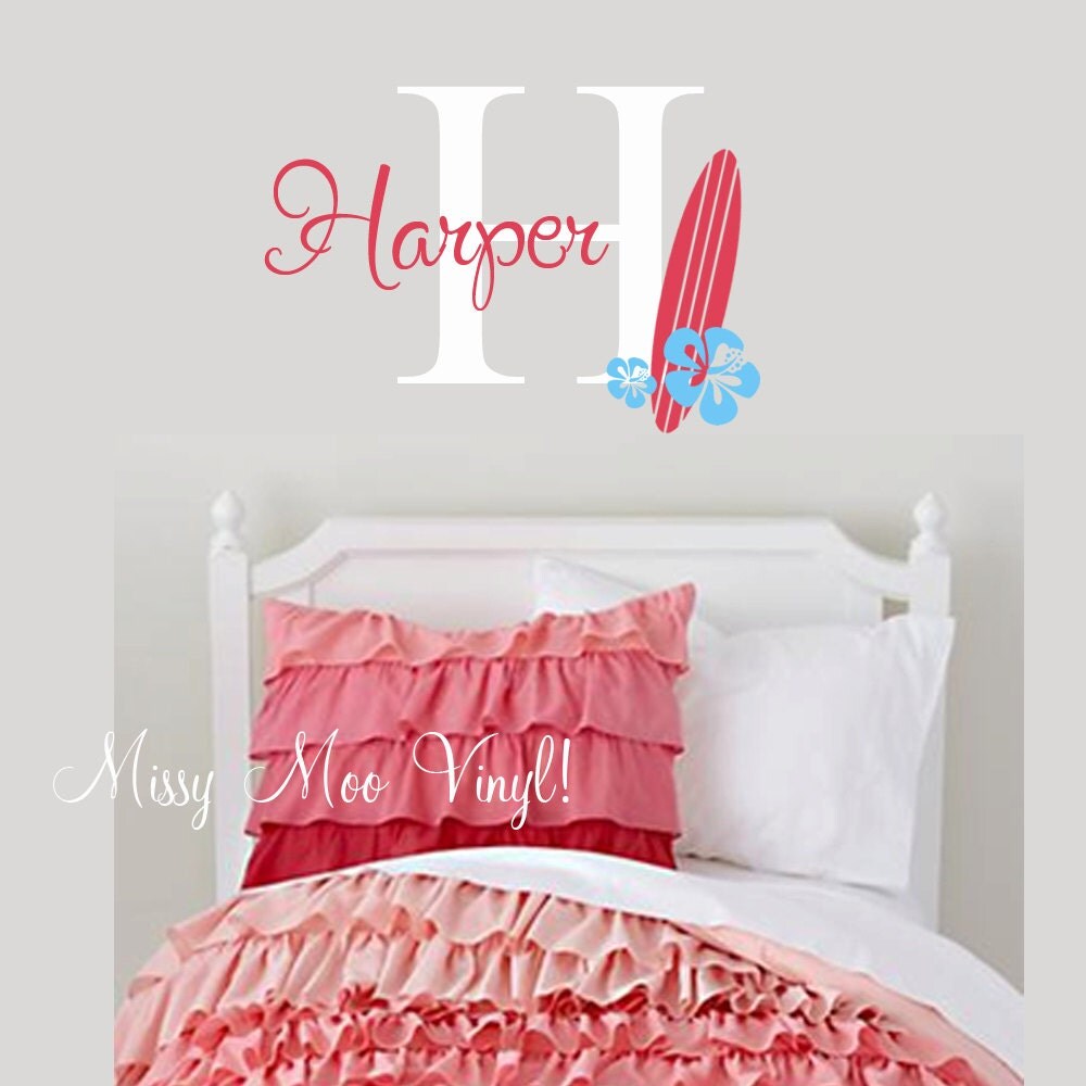 Vinyl Wall Decal Surfer Girl Monogram Initial and Name