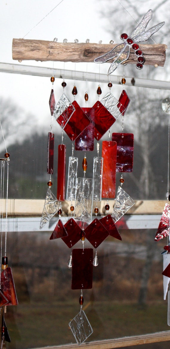 Stained Glass Dragonfly Wind Chime Red Indoor Outdoor Decor