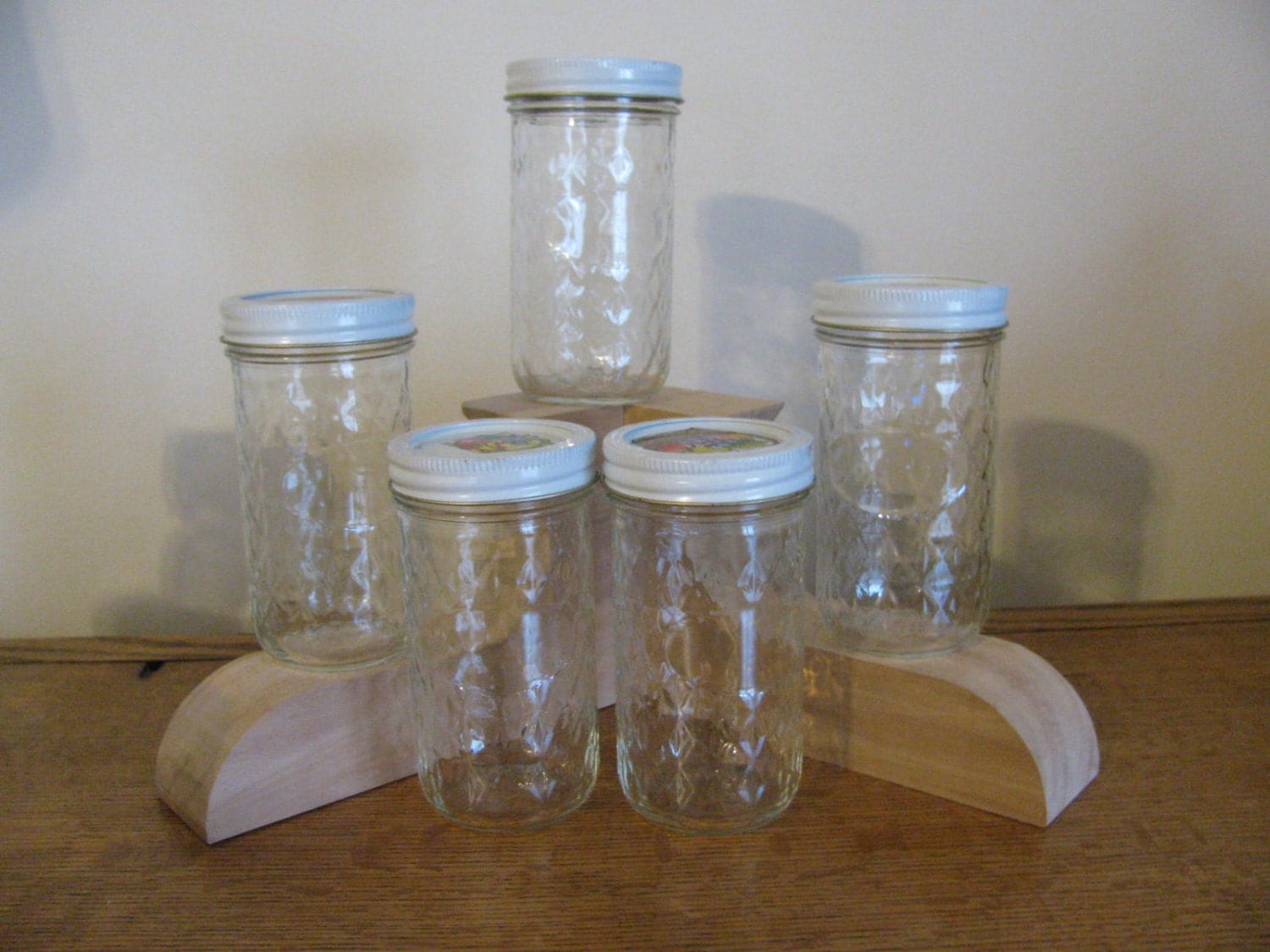 5 Vintage Tall Quilted Crystal Ball Canning Jars With White