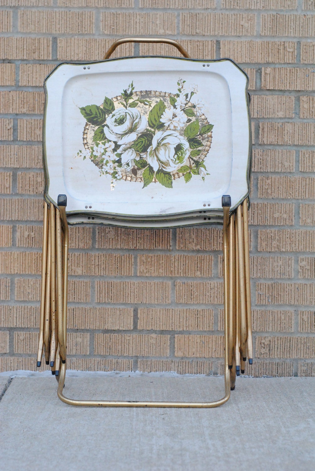 Vintage folding TV Trays Set of 3 with brass stand green