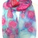 Pink Silk Scarf. Hand Painted Long Silk Scarf. Blue, Fuchsia Roses Scarf. Women Handmade Scarves. 10x60 in. (25x150 cm). Ready to Ship.