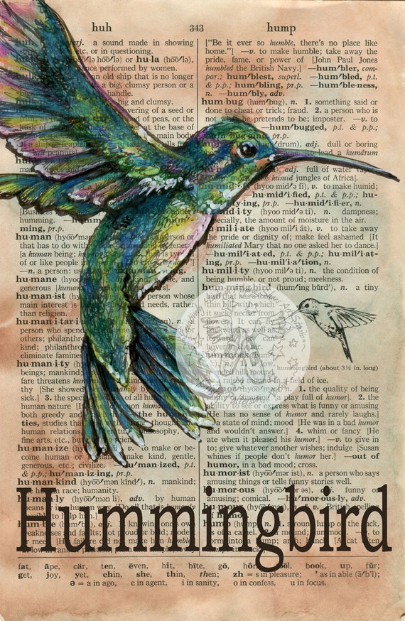 Items similar to PRINT: Hummingbird Mixed Media Drawing on Distressed