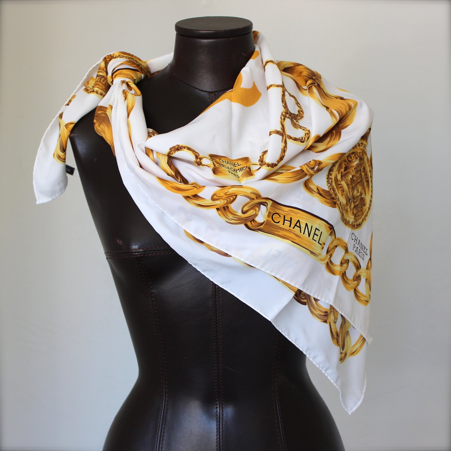 vintage CHANEL white & gold scarf / logo / coins by doreensvintage