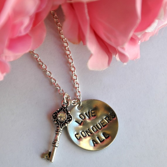 Hand Stamped Necklace - Love Conquers All - Skeleton Key - Nickel Silver Personalized Jewelry