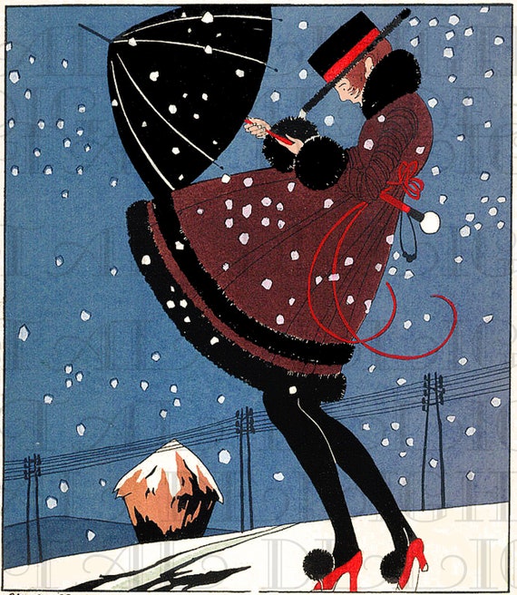 Snowstorm Lifts FLAPPER'S  Coat. VINTAGE  Illustration. Art Deco Digital New Year Eve Download