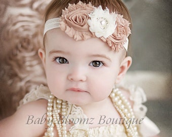 326 New baby headband with hair 98 Beige Vintage Headband Shabby Headband Baby Bows girl Headband Hair   