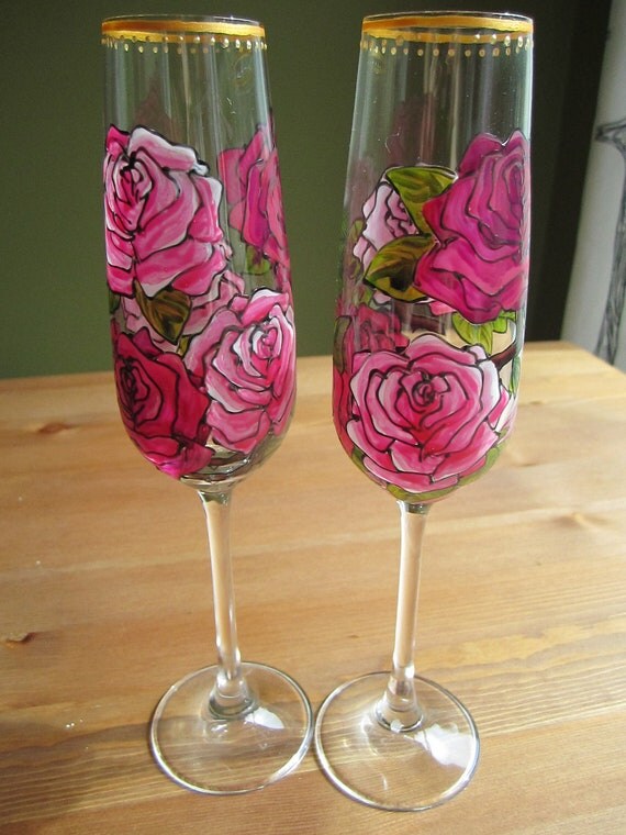 Items similar to Hand painted gilded pink rose champagne flutes on Etsy