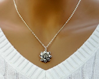 Lotus Necklace, Silver Flower Necklace Sterling Silver Chain