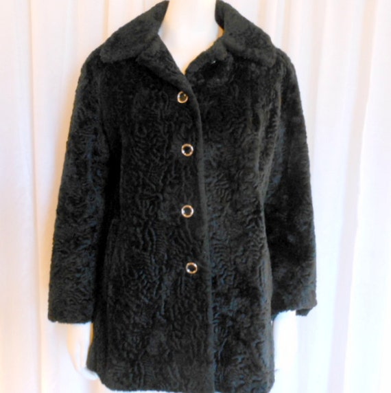 Vintage 1960s 60s Coat Faux persian lamb fur black jacket