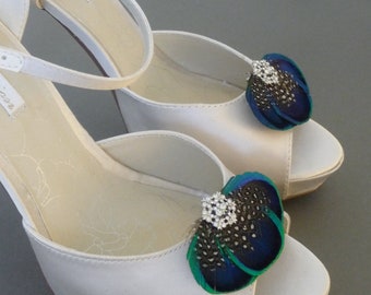 Peacock Feather Shoe Clips Turquoise Blue Bridesmaid Accessories Crystal Wedding Bridal Shoes Set of 2 'Tahliaand#039;