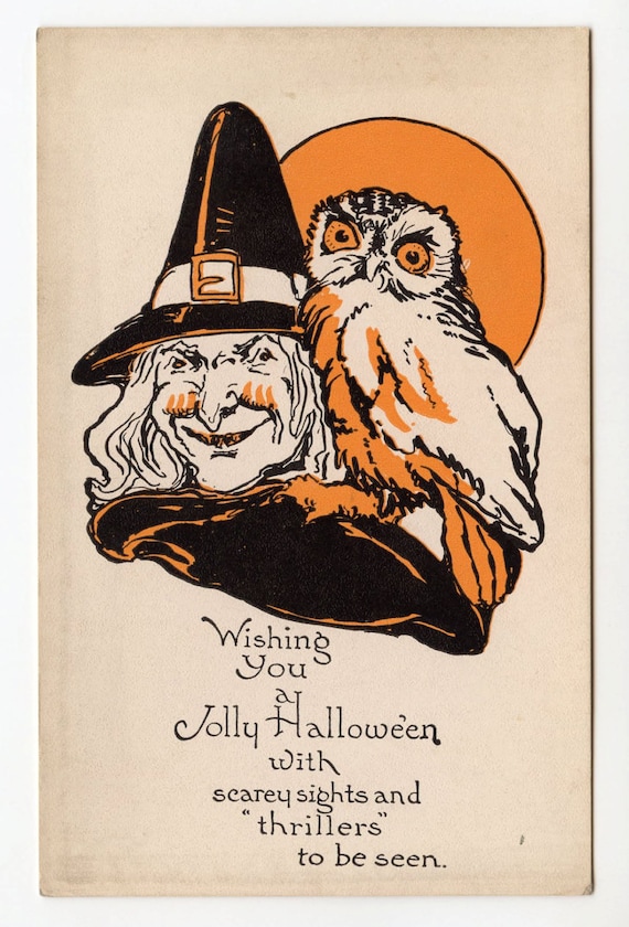 halloween, vintage halloween postcard, witch, owl, full moon