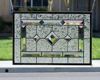 DIAMONDS-Clear Stained Glass Window Panel, Stained Glass Window, Stain Glass Panel, Clear Bevels, Beveled, Clear Textured Glass, Diamonds