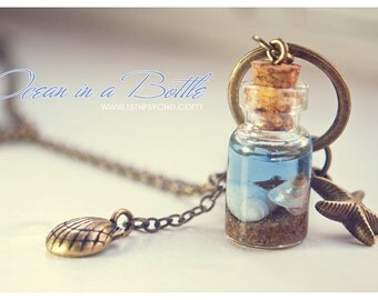 Ocean in a Bottle necklace, glass bottle with Shells, miniature ocean shell necklace, shell vial necklace, gift for women, mermaid necklace