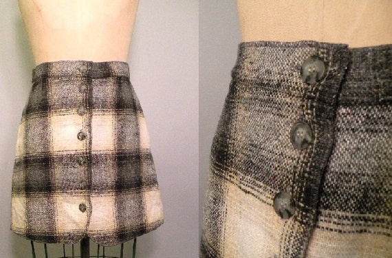 Vintage 1960s Style Preppy Black Beige Tan Brown Wool Plaid Mini Skirt