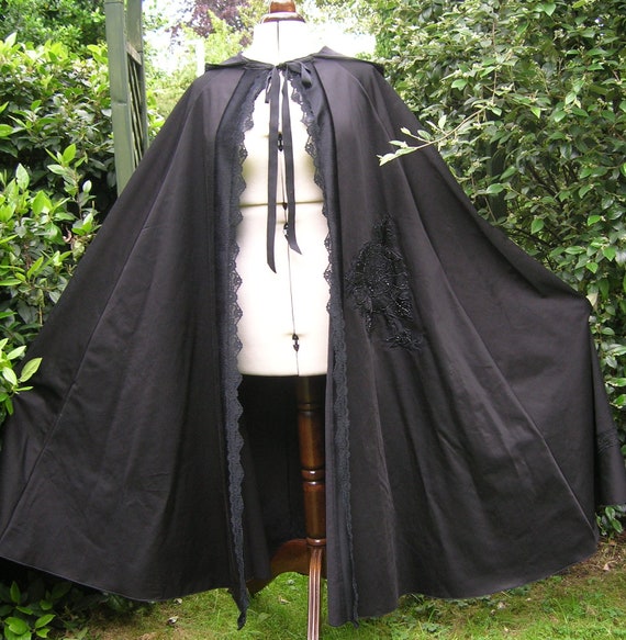 SALE black hooded cloak appliqued lace trimmed cape. Elven