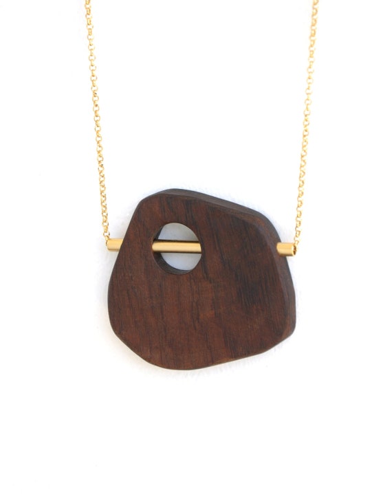 Spring Sale - LOOK 1 gold - abstract wood and gold long pendant necklace.