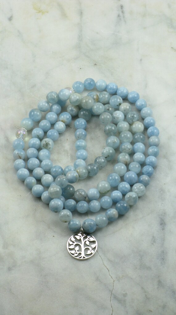 Items similar to Winter Ayurvedic Mala Bead Necklace- Aquamarine ...