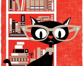 Black Cat Art Print Screenprint Bookworm Poster Black Cat Lucky 13 - Silkscreen Art Modern Cat Print Book Lover Cat Lover Wall Decor