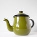 Vintage enamel teapot - green tea pot - retro avocado green enamelware kettle from Japan