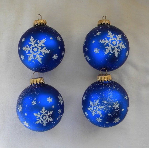 4 Krebs Cobalt Blue Glass Ball Christmas Ornaments W/