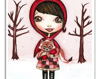 Little Red Riding Hood Print. Big Eyed Art. Whimsical Girls Room Art. Pale Pink Children's Décor. Winter Art. Cute Fairy Tale Art For Kids.