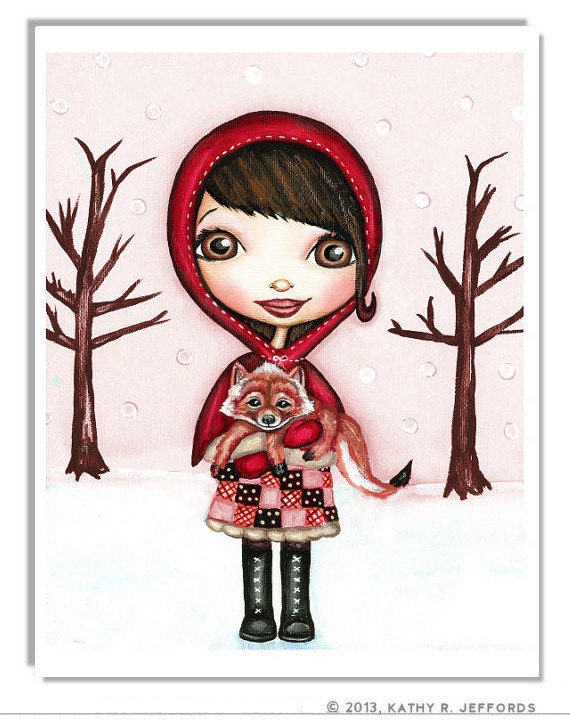 Little Red Riding Hood Print. Big Eyed Art. Whimsical Girls Room Art. Pale Pink Children's Décor. Winter Art. Cute Fairy Tale Art For Kids.