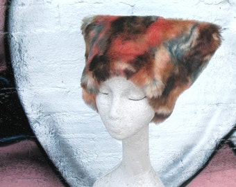 Almost Calico faux fur hat - KOZY KITTY fuzzy hat - brown salmon coral teal slate tan dyed soft fur- Woman cat hat fur hat Ski Snowboard
