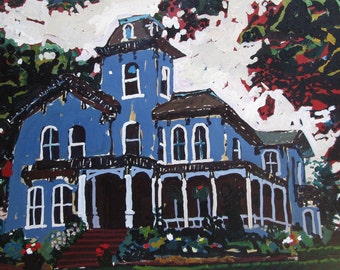 Blue Home, Original Larger Landscape Painting on Paper, Stooshinoff
