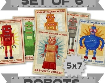 Robot Prints- 6 Retro Robot Art 5" x 7" Land of Nod Retrobots Robot Prints Kids- Robot Wall Art for Kids Room Decor- Sci Fi Art- Kid Bedroom