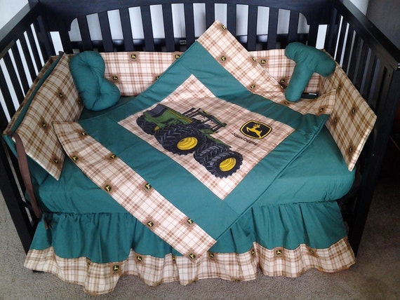 New JOHN DEERE baby crib bedding set in brown Deere plaid