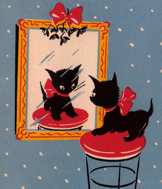 Vintage Art Deco 1930s Merry Christmas Kitten Looking At