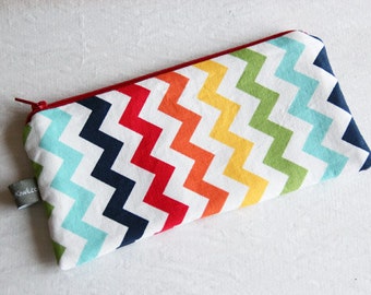 Zipper pouch - chevrons - rainbow - blue - red - orange - yellow - green - white - make up - jewelry - pencils - handbag - gift - school