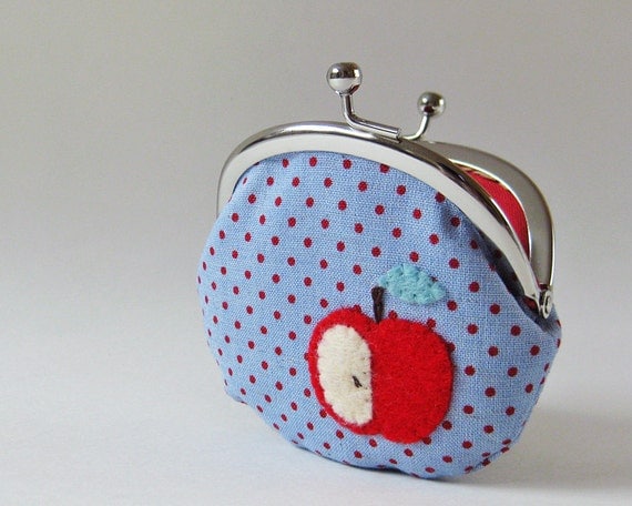 Apple coin purse red polka dots on blue
