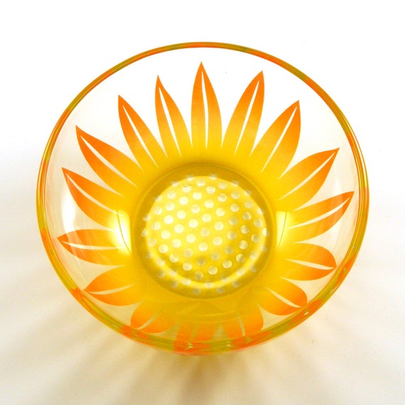Glass Bowl - Wildflower -  Sunshine Orange and Yellow - Custom Painted and Etched Glassware