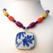 Colorful Statement Necklace, Pottery Shard Necklace, Vivid Colors Beaded Necklace with Ming Porcelain Pendant