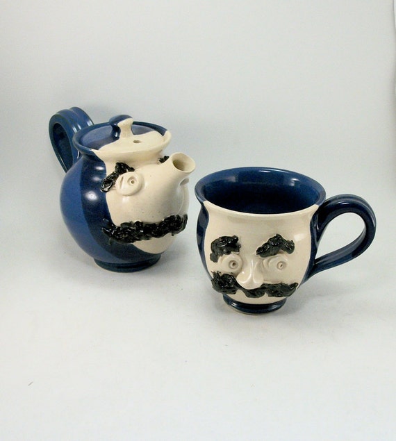 mustache man teapot and cup