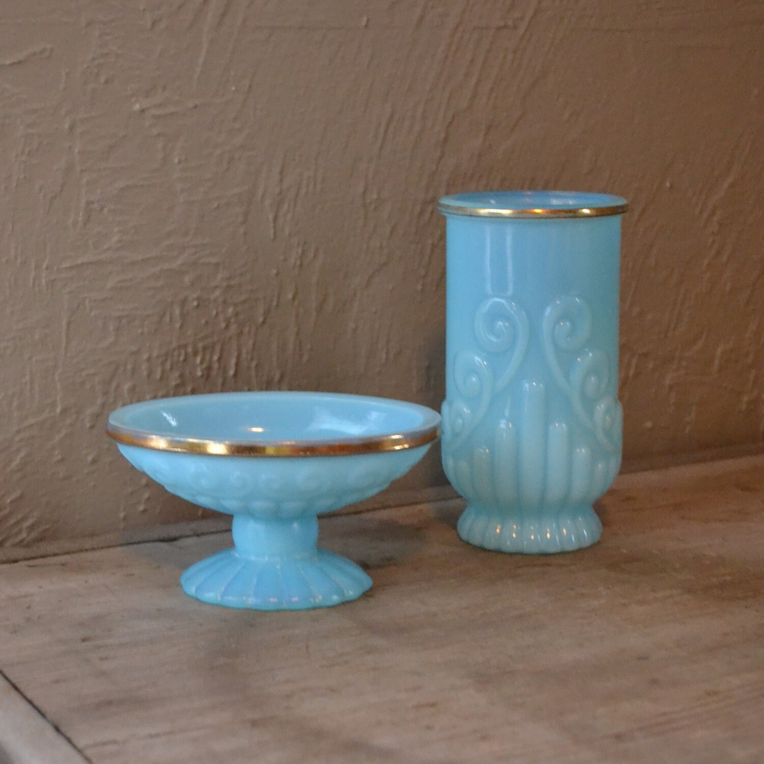 Vintage Blue Soap Dish and Drinking Glass Avon Gold