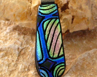 Dichroic Fused Glass Hand Etched Pendant, Hand Etched Fused Glass Pendant - Modern Tie in Glass