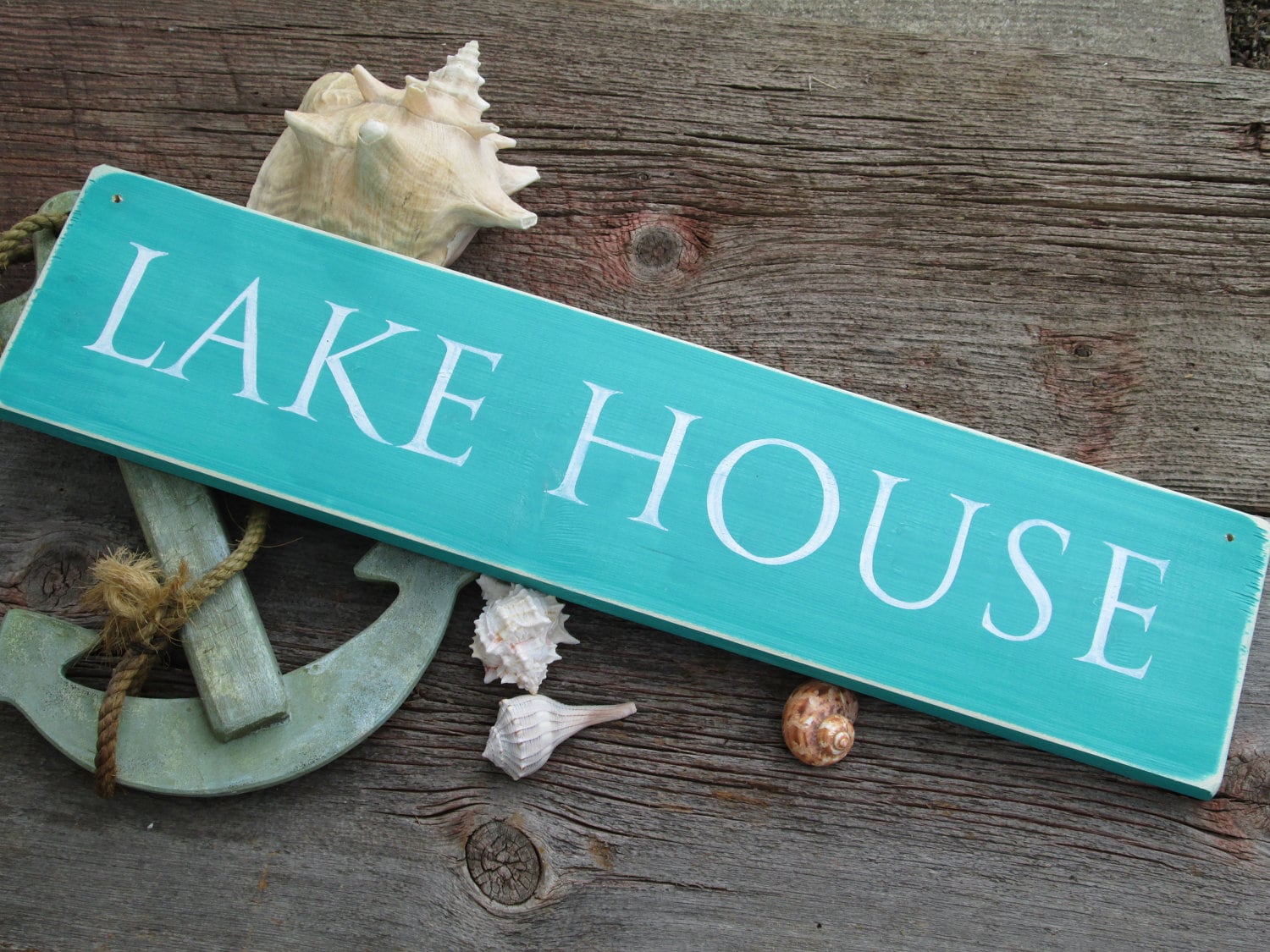 Lake House Sign light teal with white letters nautical cottage